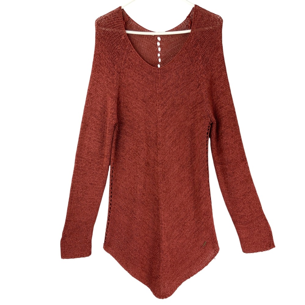 Aziz Rust Red Open Knit Sweater M Pullover Scoop Neck Long Sleeve Sharkbite